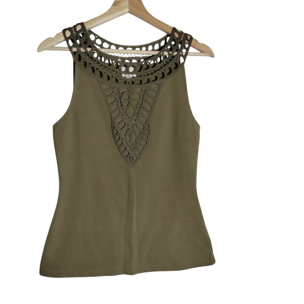 Anthropologie Postmark Olive Green Laser Cut Bib Neckline Ribbed‎ Tank Top XS